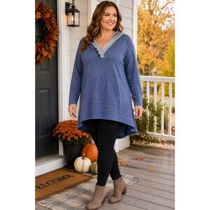 Miusey 2XL Blue Gray Hooded Tunic Sweater High Low Kangaroo Pocket Button Top 2X